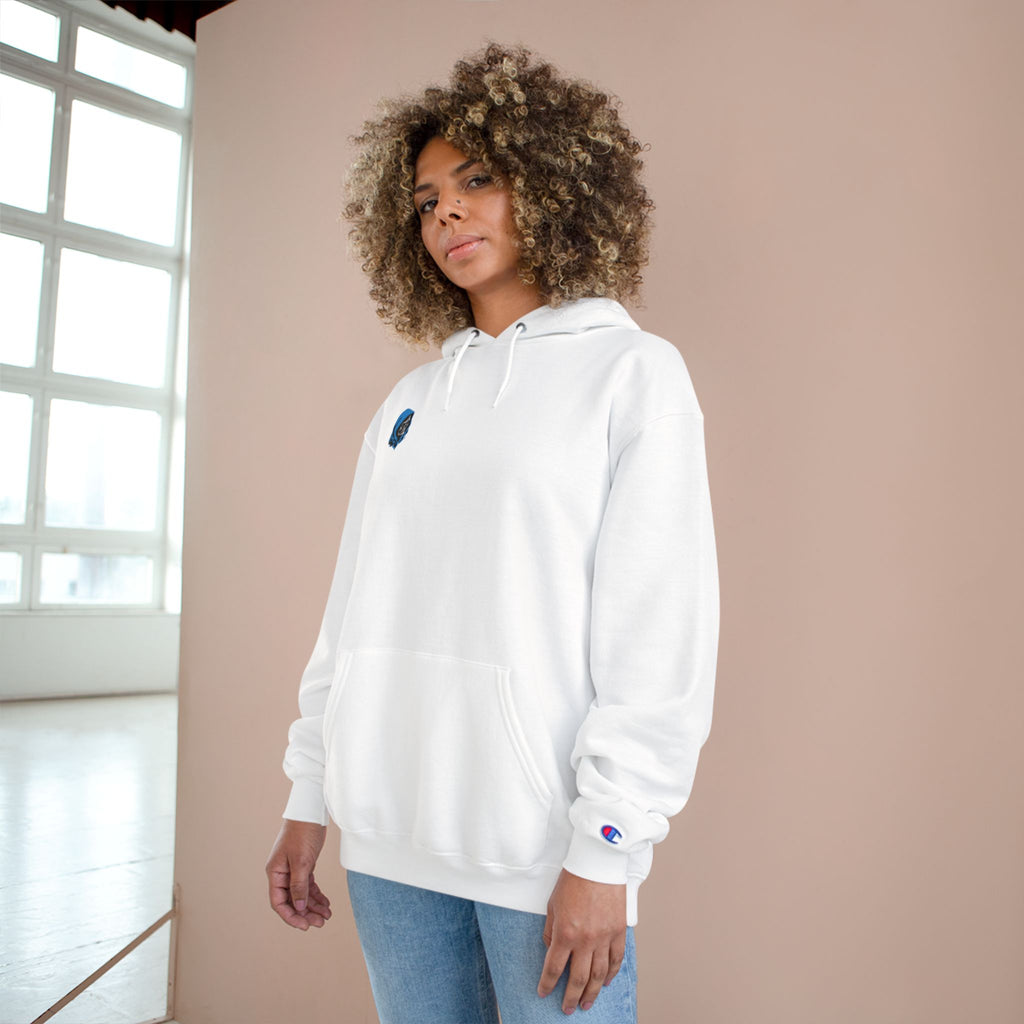 Hoodie — Minimal White Champion Hoodie with Tiny Blue Face Logo & Back QR Code “Scan Me”