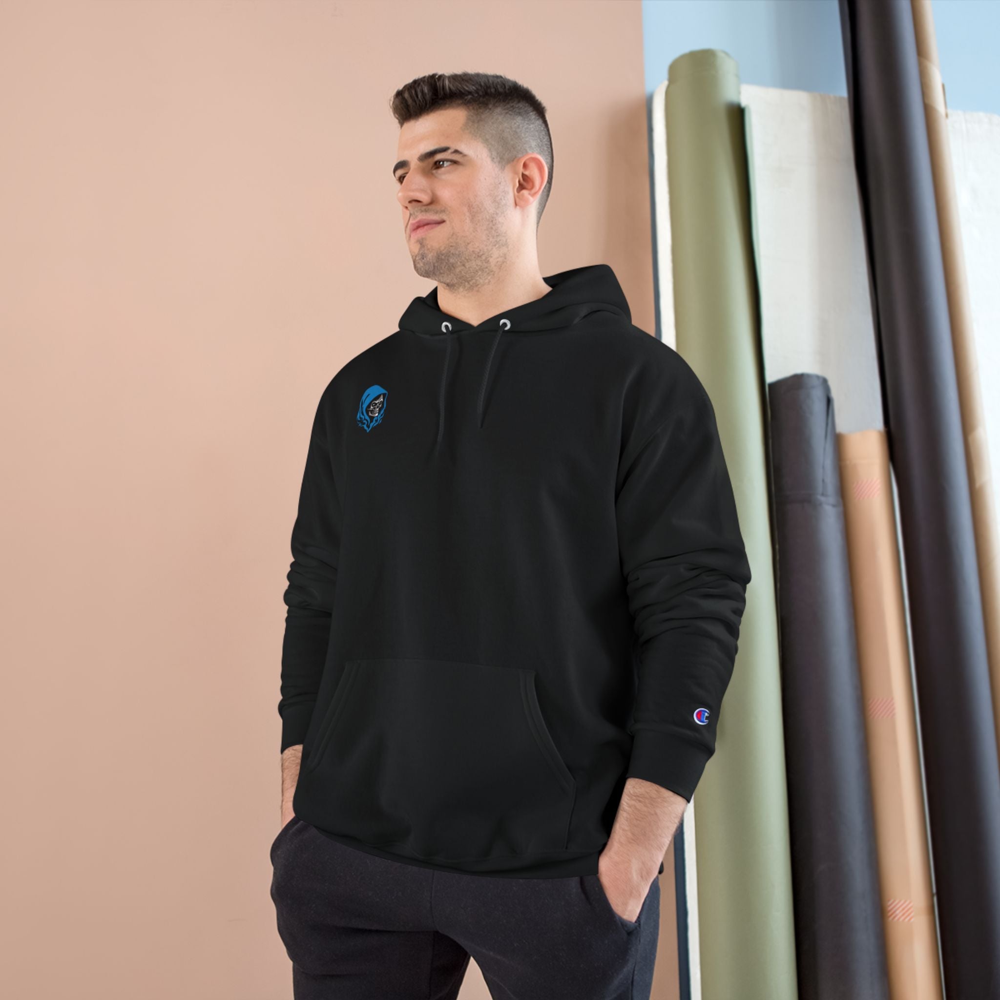 Hoodie — Minimal White Champion Hoodie with Tiny Blue Face Logo & Back QR Code “Scan Me”