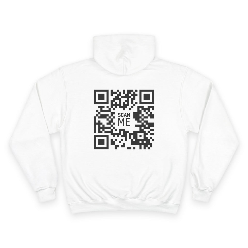 Hoodie — Minimal White Champion Hoodie with Tiny Blue Face Logo & Back QR Code “Scan Me”
