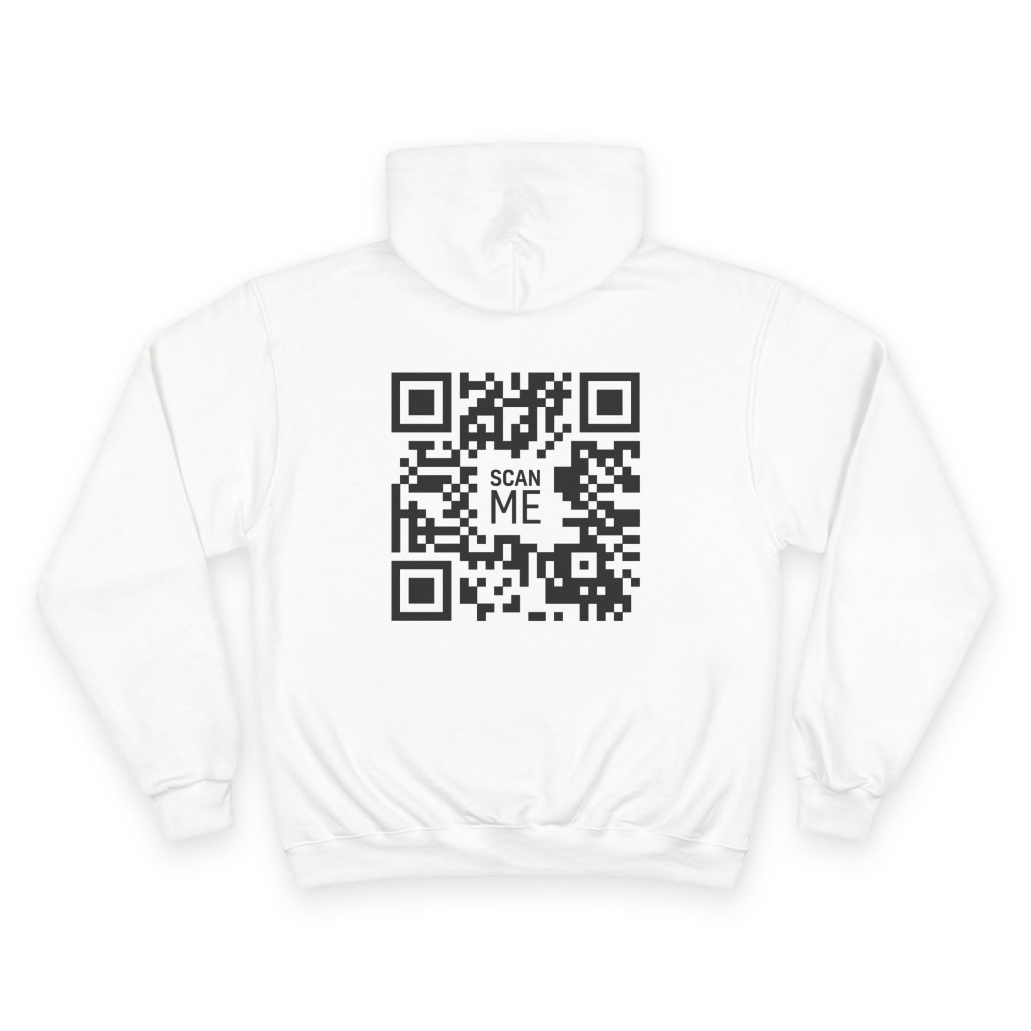 Hoodie — Minimal White Champion Hoodie with Tiny Blue Face Logo & Back QR Code “Scan Me”