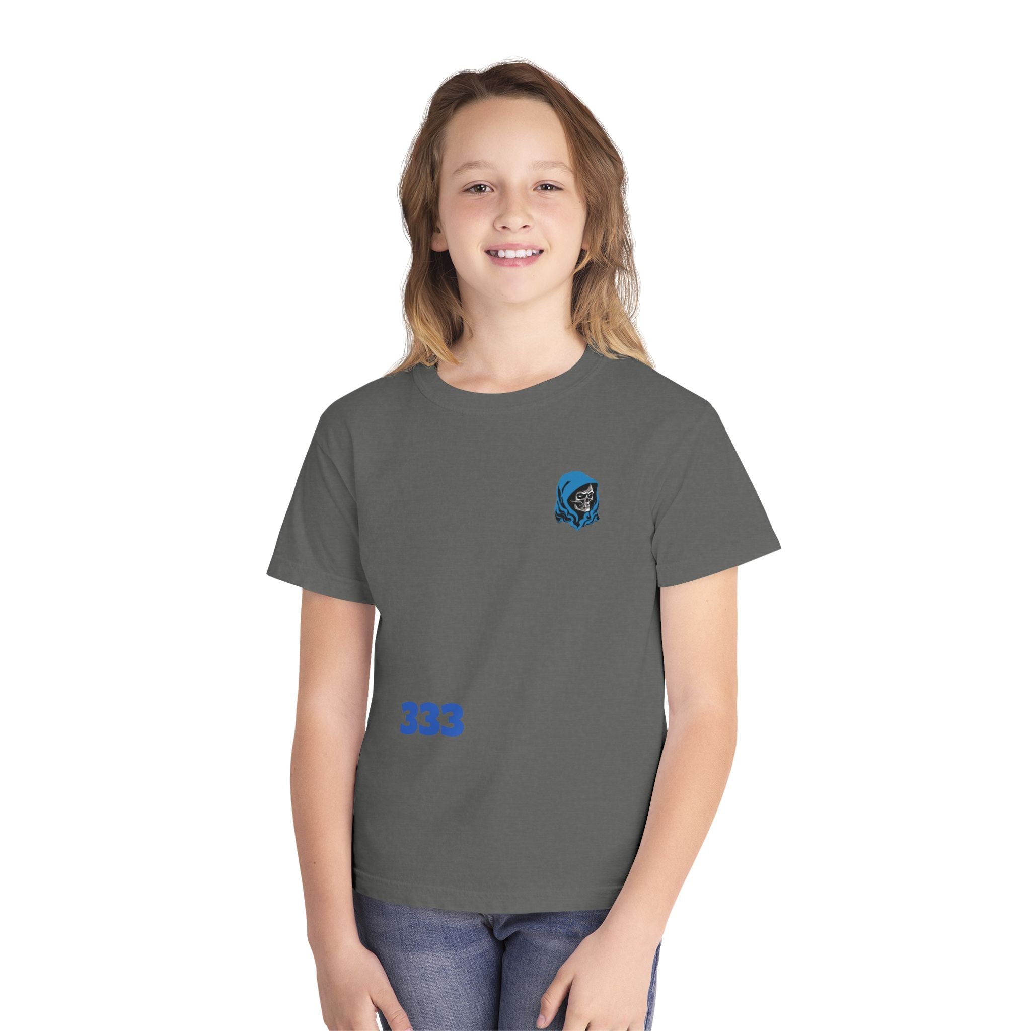 Youth Tee — Blue Skull Crest with “333” Graphic
