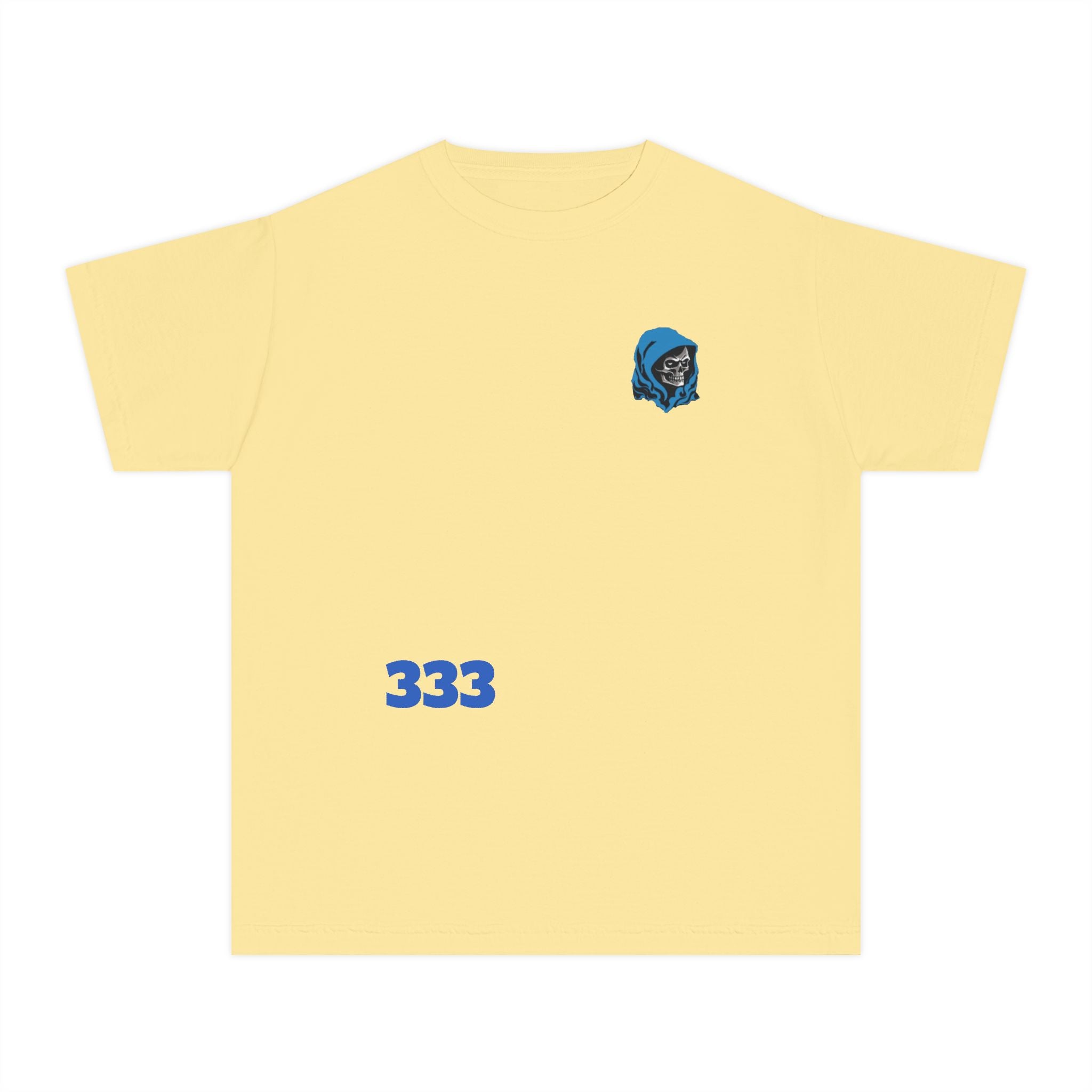 Youth Tee — Blue Skull Crest with “333” Graphic