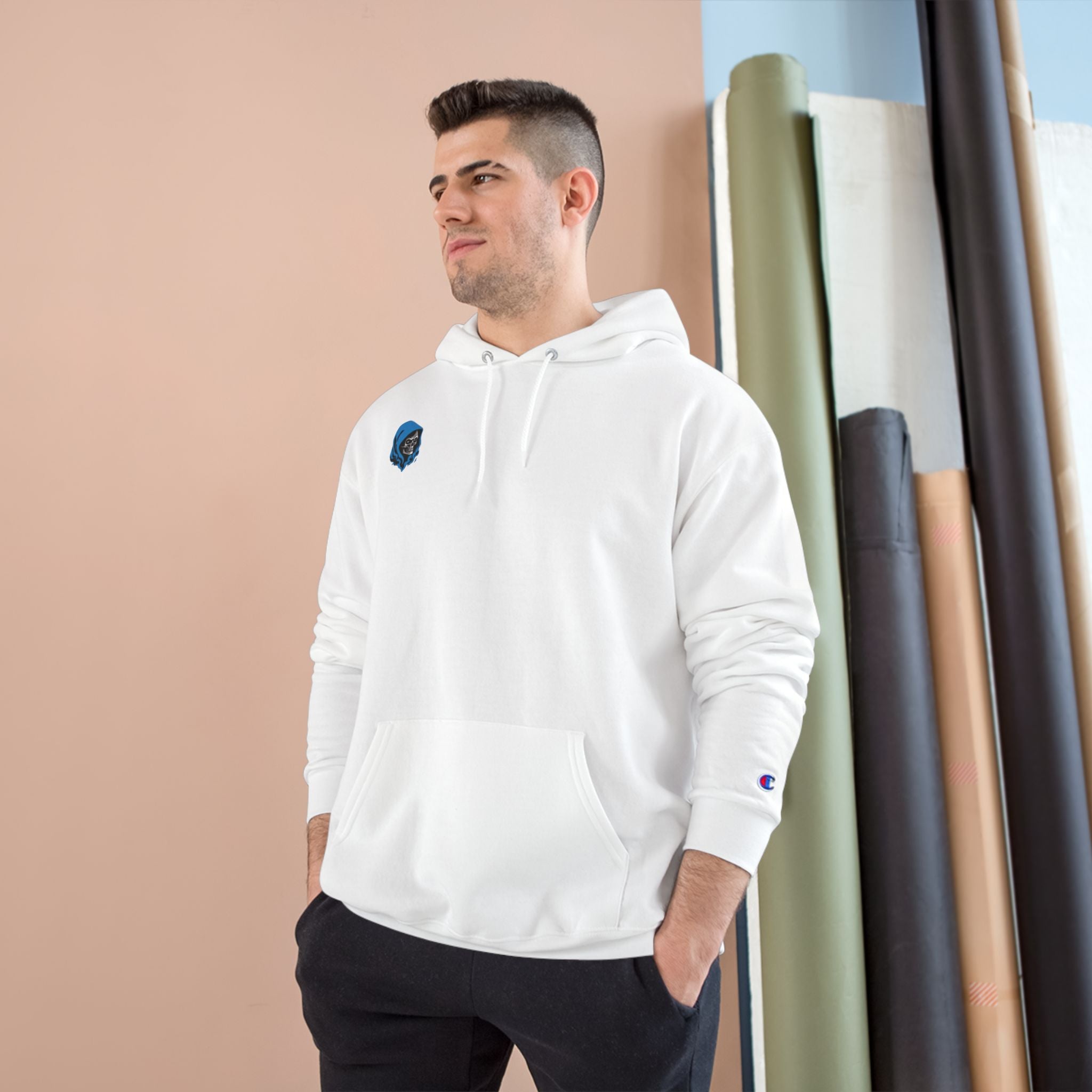 Hoodie — Minimal White Champion Hoodie with Tiny Blue Face Logo & Back QR Code “Scan Me”