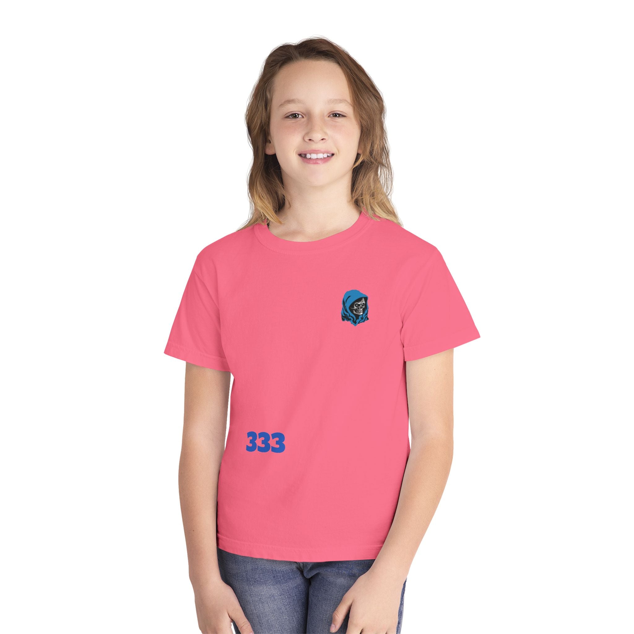 Youth Tee — Blue Skull Crest with “333” Graphic