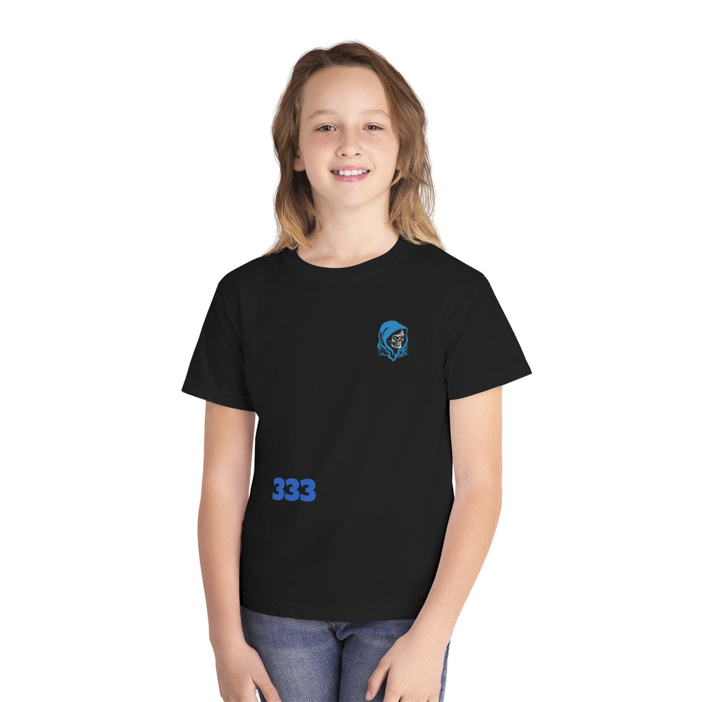 Youth Tee — Blue Skull Crest with “333” Graphic