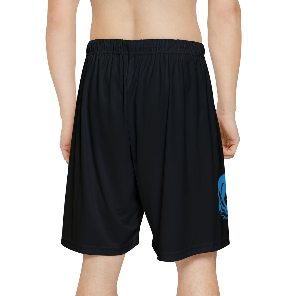 Men’s Sports Shorts — Black Athletic Shorts with Blue Hooded Skull & ‘333’ Graphic