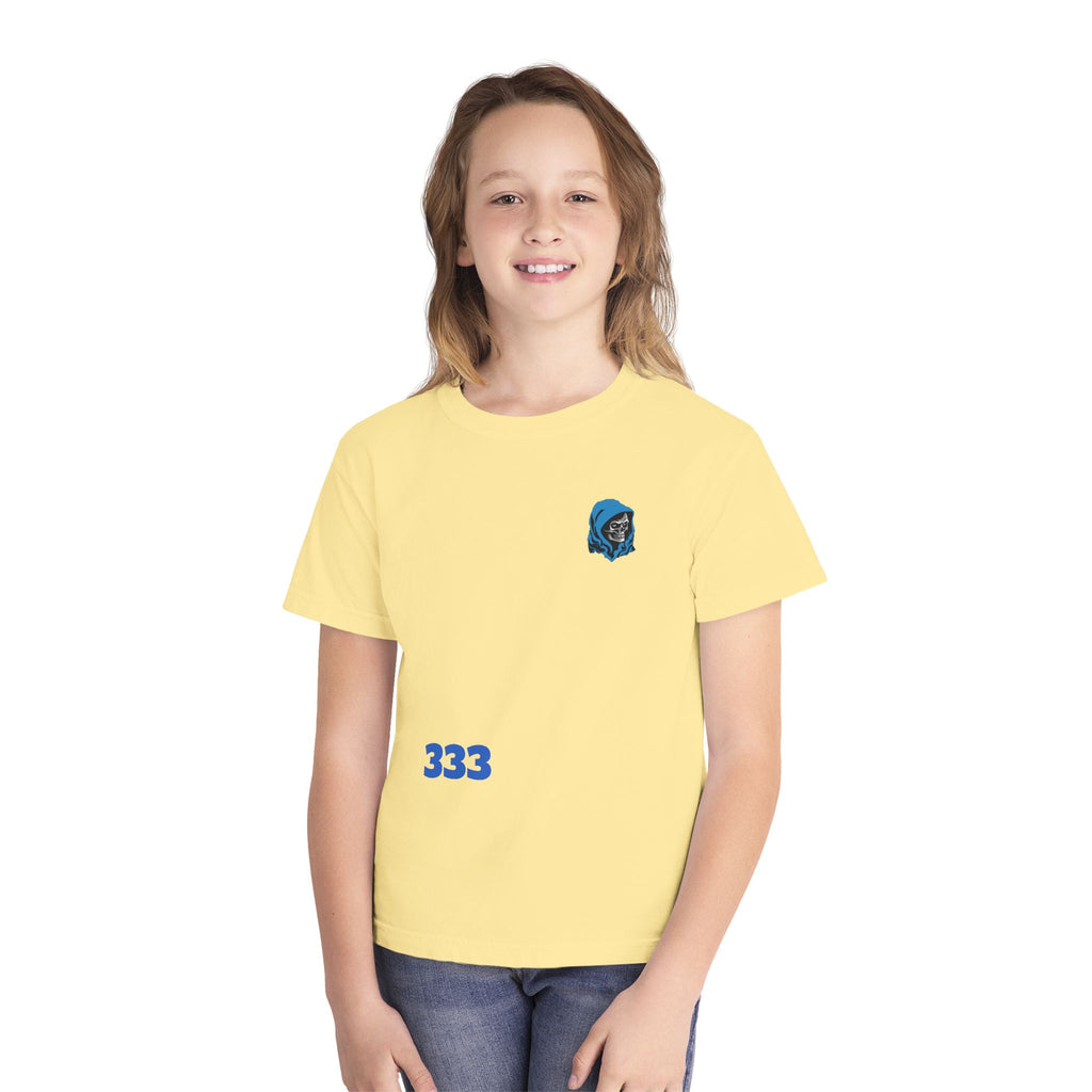 Youth Tee — Blue Skull Crest with “333” Graphic