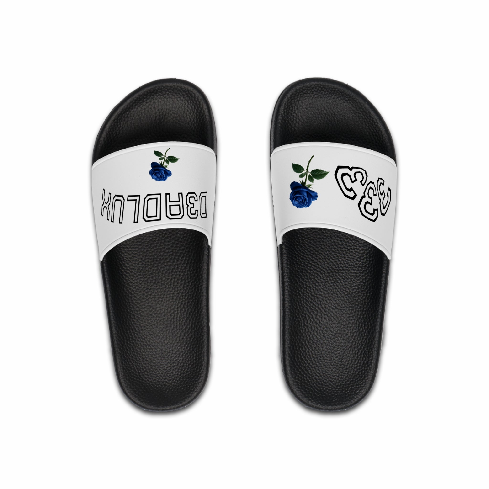 Men's Slide Sandals — D3ADLUX White Strap with Blue Rose Accent