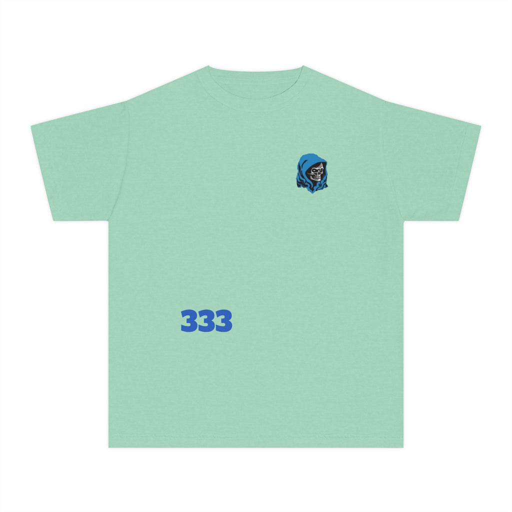 Youth Tee — Blue Skull Crest with “333” Graphic