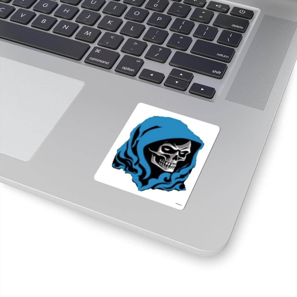 Reaper Skull Sticker — Blue Hood Grim Reaper Kiss-Cut Decal for Laptops & Gear