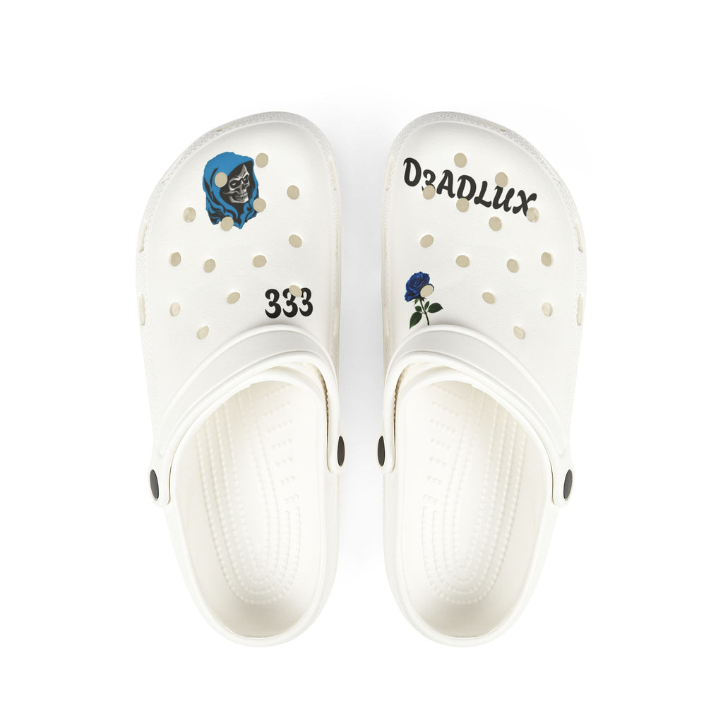 White EVA Foam Clogs with Blue Rose & 'D3ADLUX' Graphic