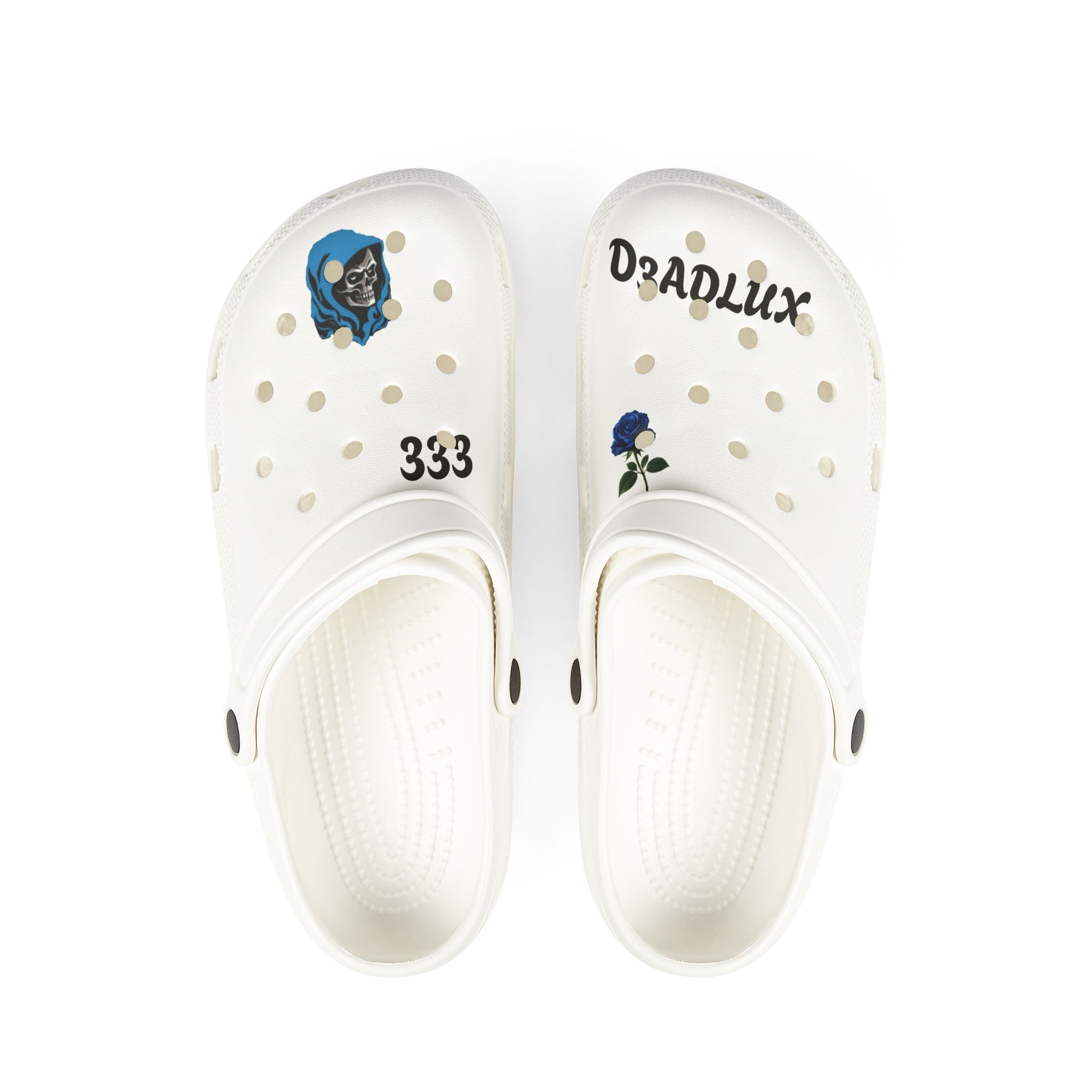 White EVA Foam Clogs with Blue Rose & 'D3ADLUX' Graphic