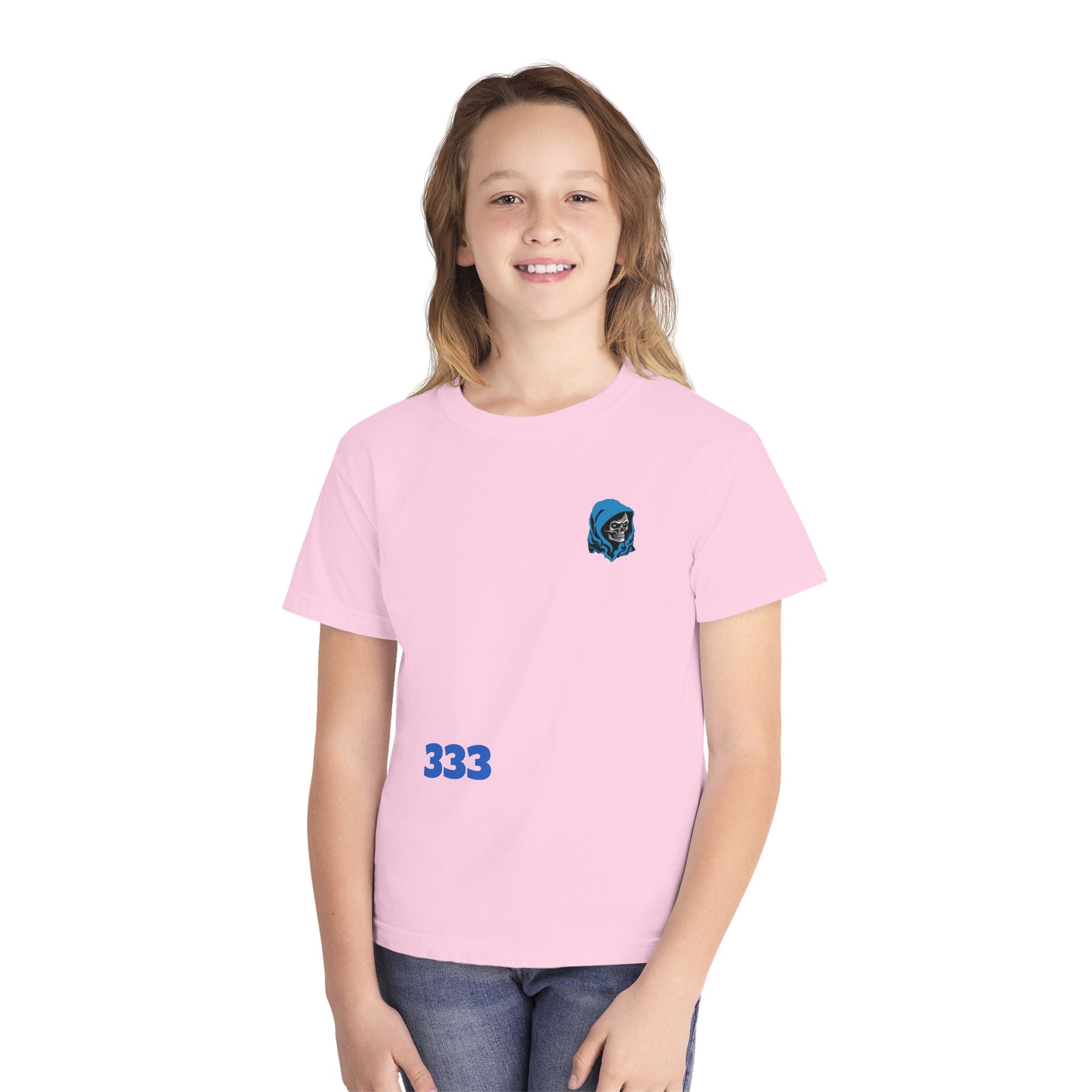 Youth Tee — Blue Skull Crest with “333” Graphic