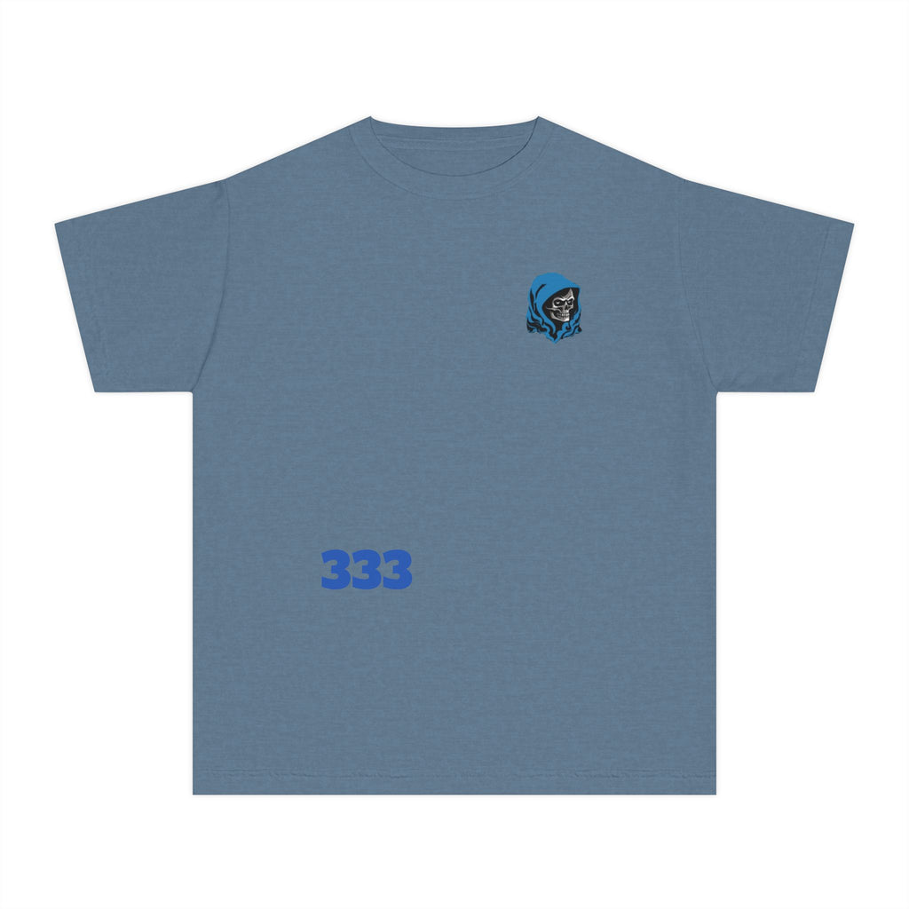 Youth Tee — Blue Skull Crest with “333” Graphic