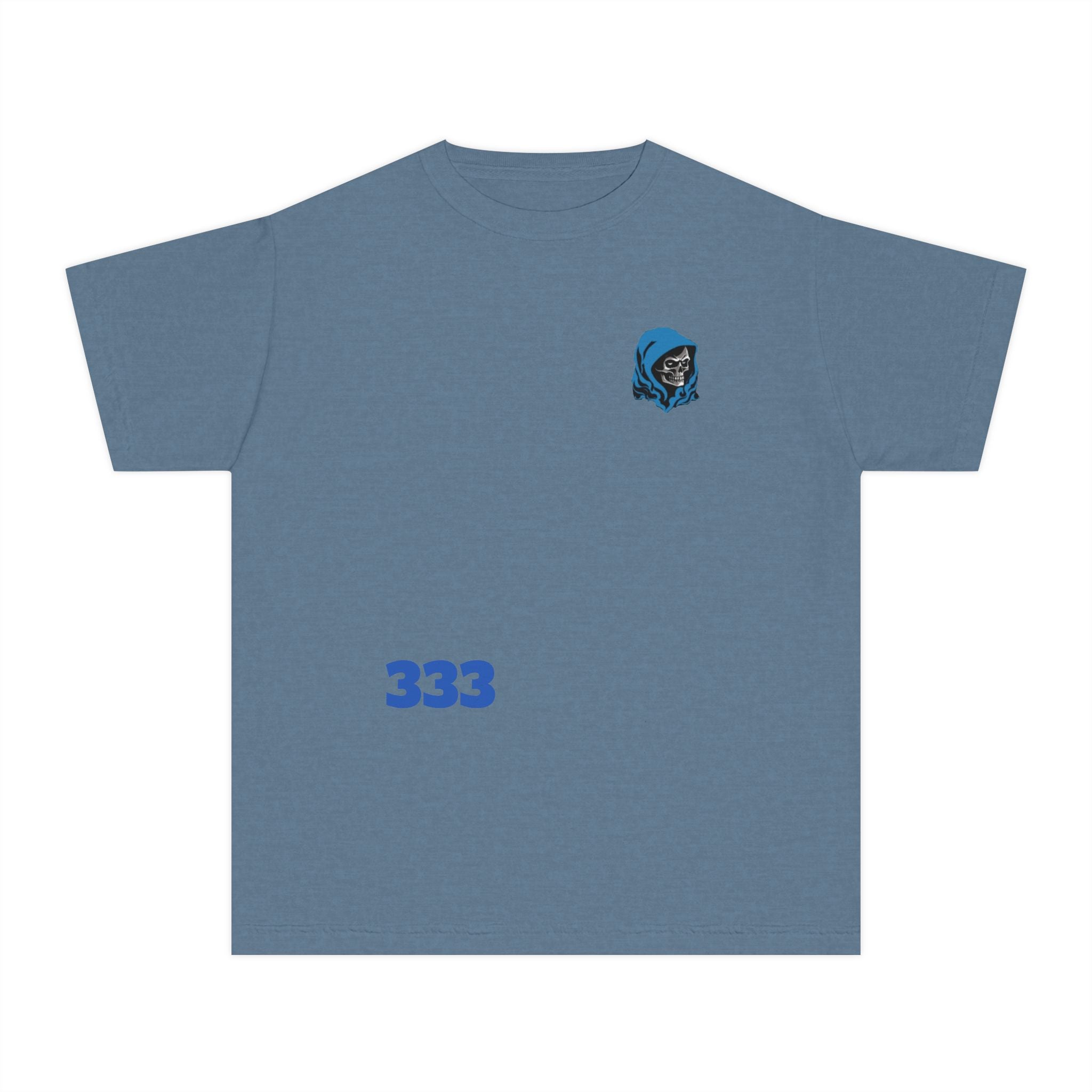 Youth Tee — Blue Skull Crest with “333” Graphic