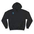 Hoodie — Minimal White Champion Hoodie with Tiny Blue Face Logo & Back QR Code “Scan Me”