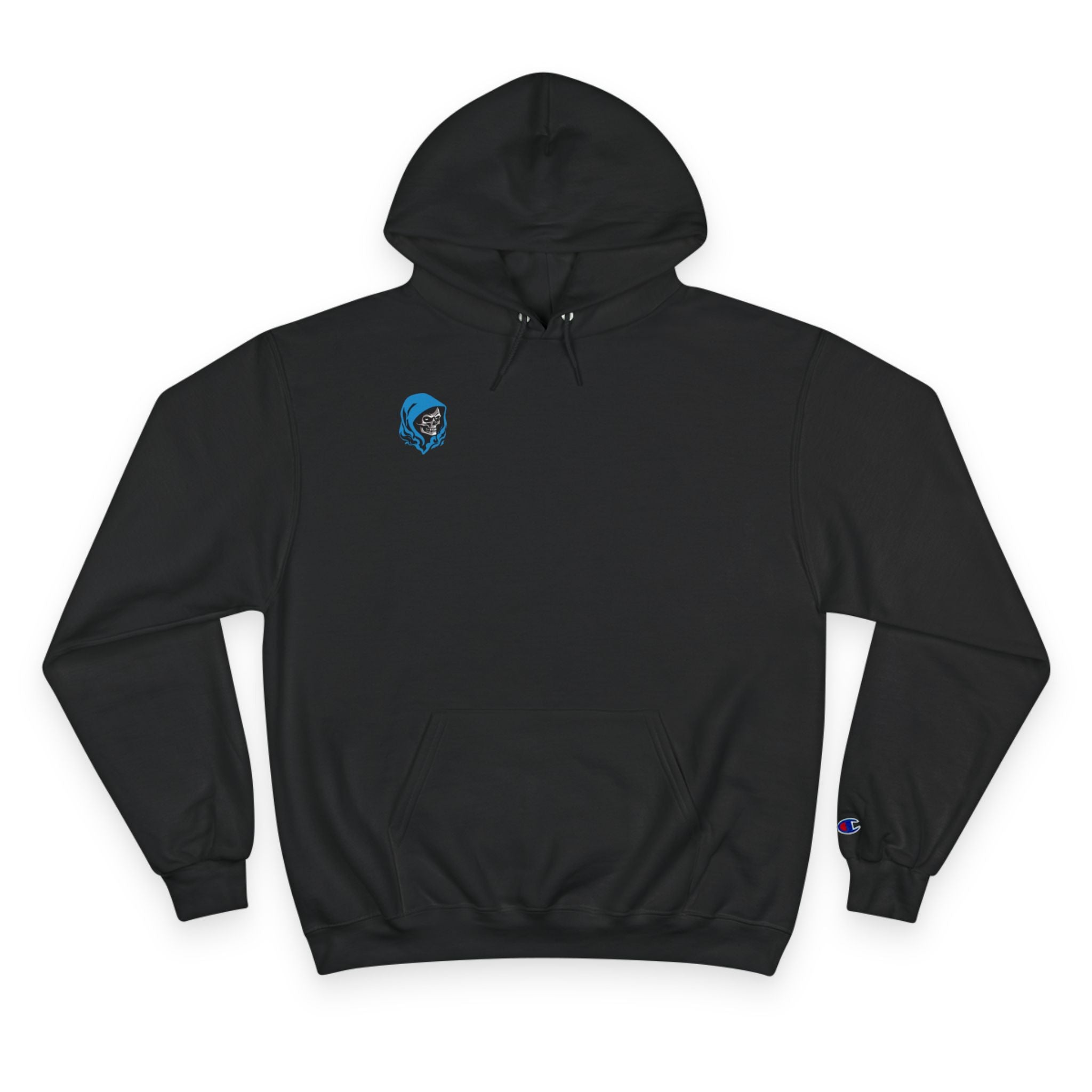 Hoodie — Minimal White Champion Hoodie with Tiny Blue Face Logo & Back QR Code “Scan Me”