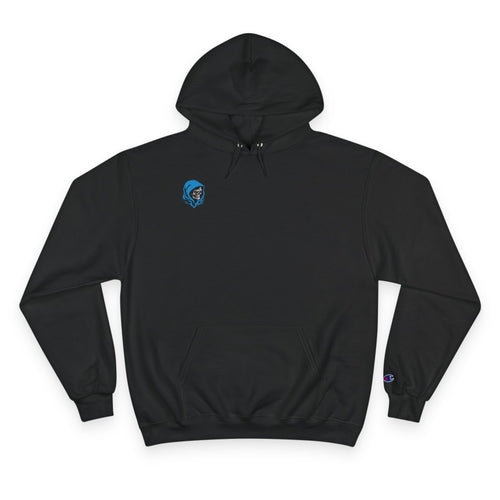 Hoodie — Minimal White Champion Hoodie with Tiny Blue Face Logo & Back QR Code “Scan Me”