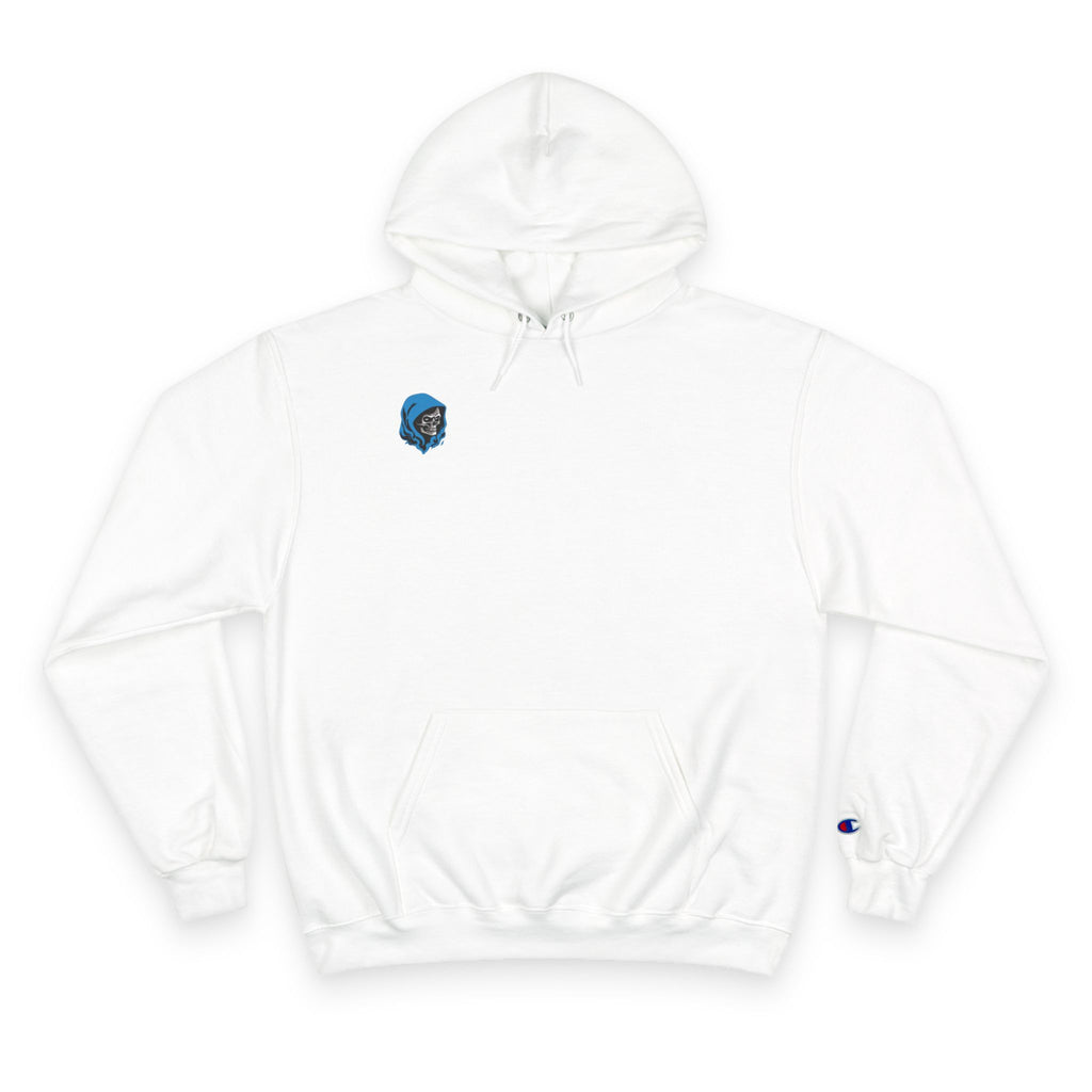Hoodie — Minimal White Champion Hoodie with Tiny Blue Face Logo & Back QR Code “Scan Me”