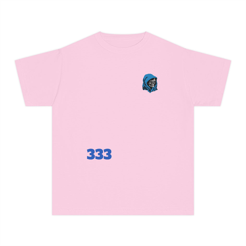 Youth Tee — Blue Skull Crest with “333” Graphic