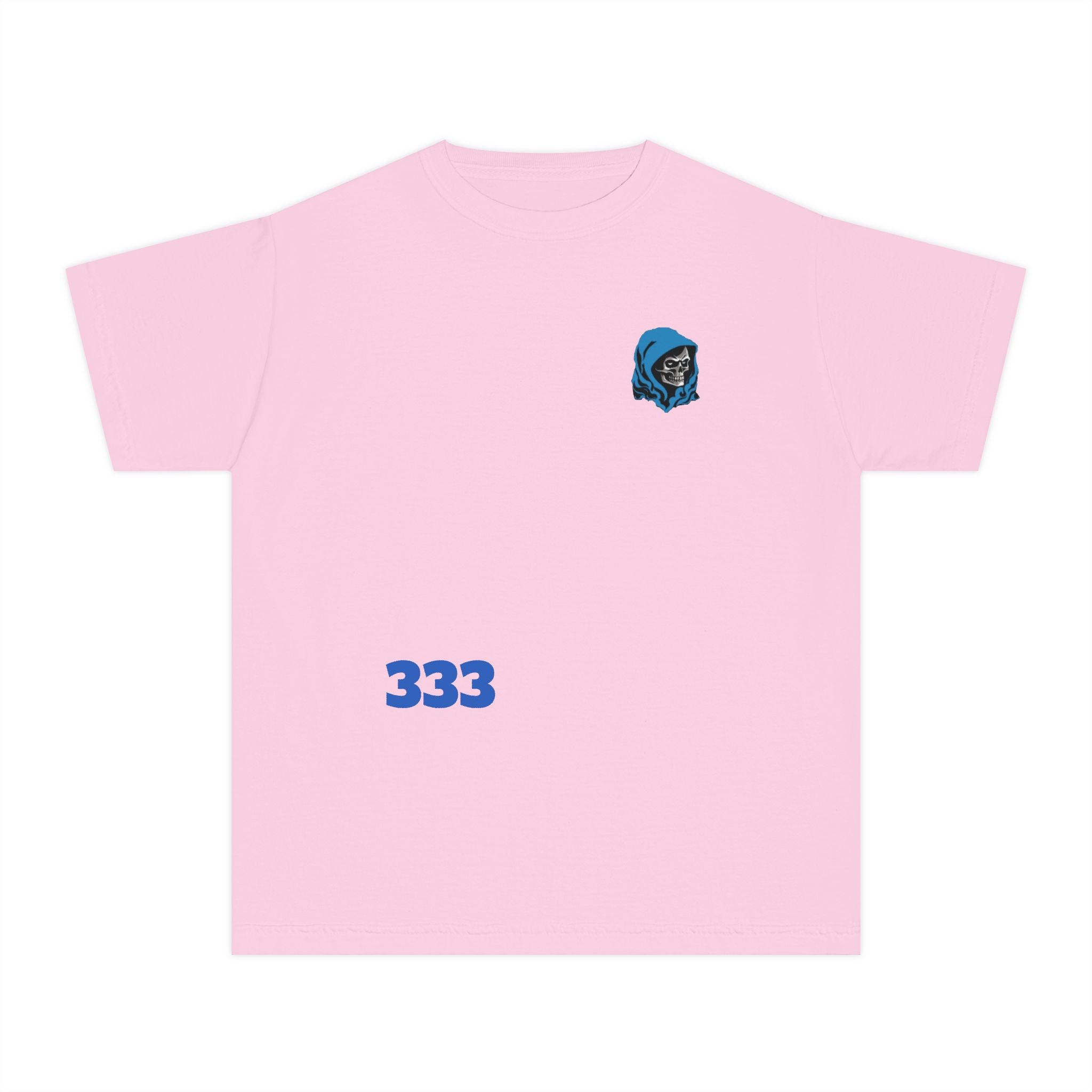 Youth Tee — Blue Skull Crest with “333” Graphic