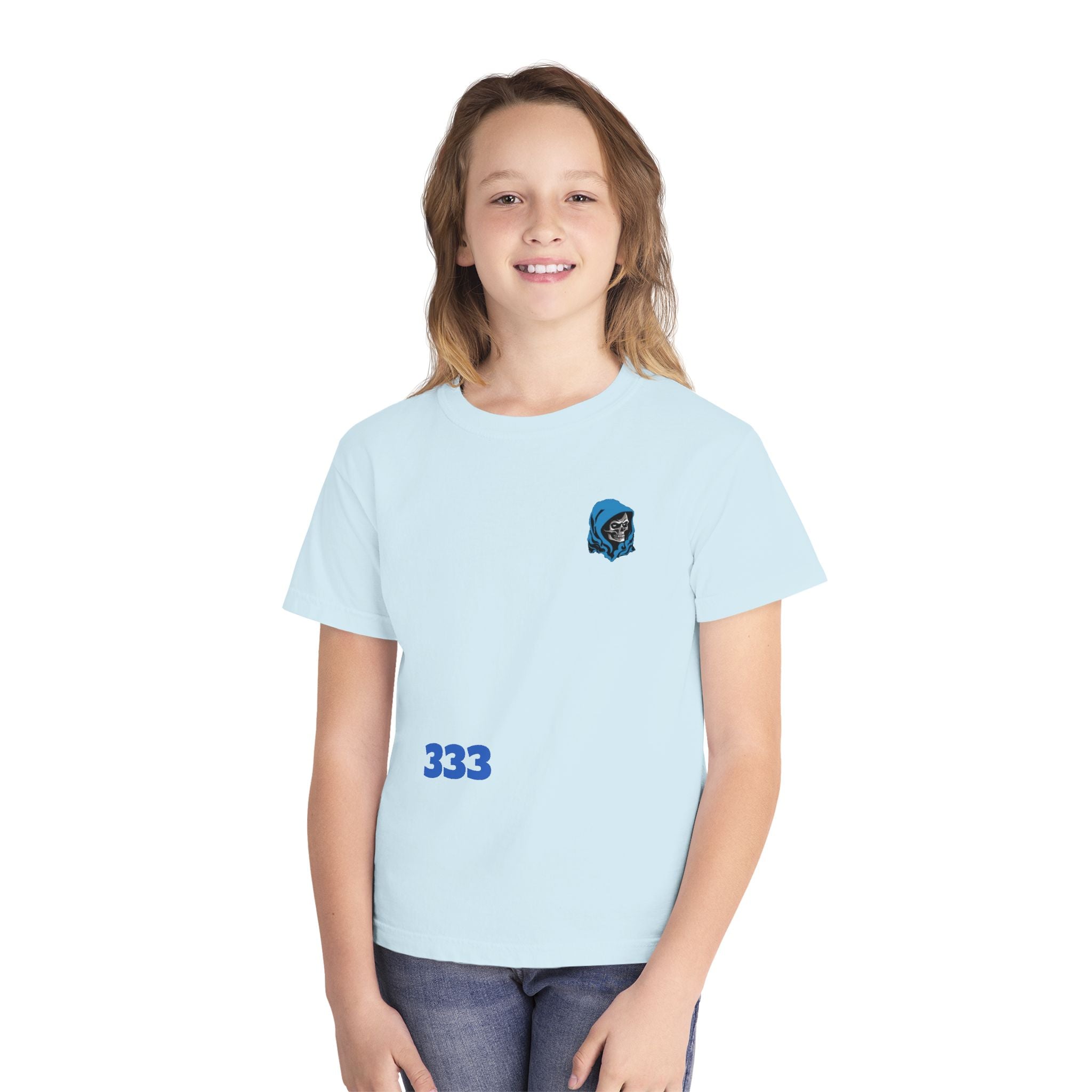 Youth Tee — Blue Skull Crest with “333” Graphic