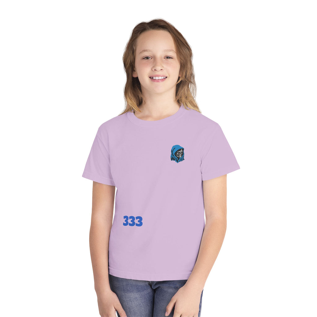 Youth Tee — Blue Skull Crest with “333” Graphic