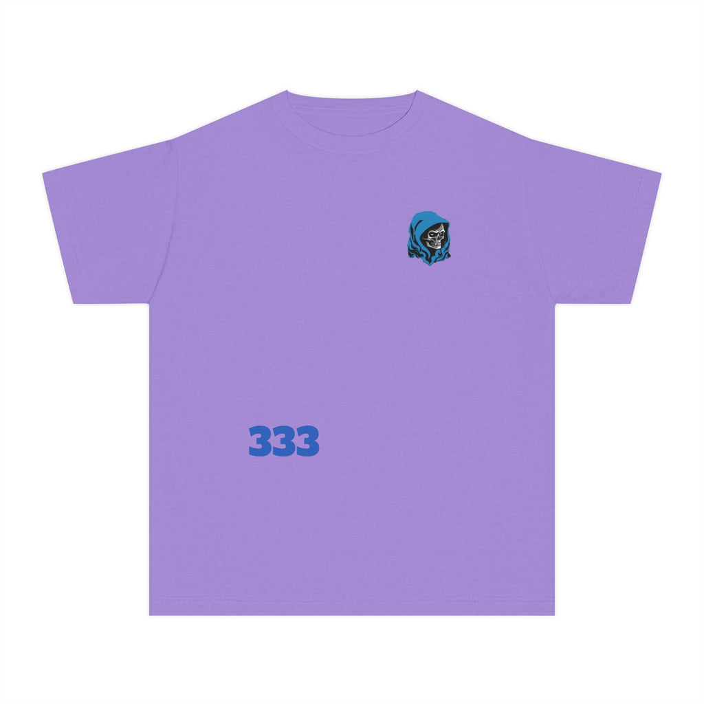 Youth Tee — Blue Skull Crest with “333” Graphic