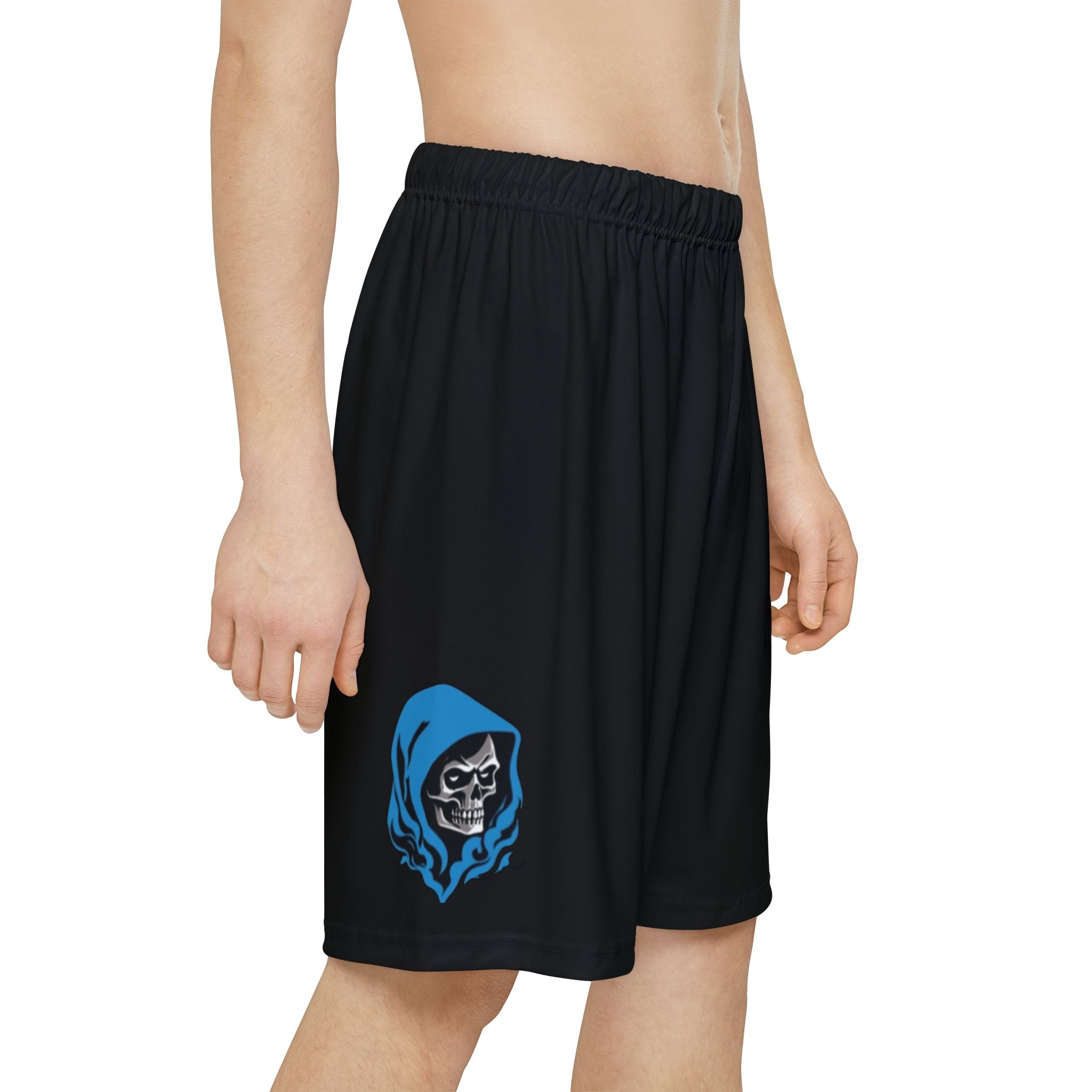 Men’s Sports Shorts — Black Athletic Shorts with Blue Hooded Skull & ‘333’ Graphic
