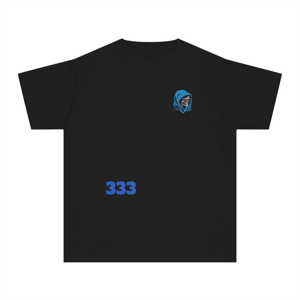 Youth Tee — Blue Skull Crest with “333” Graphic