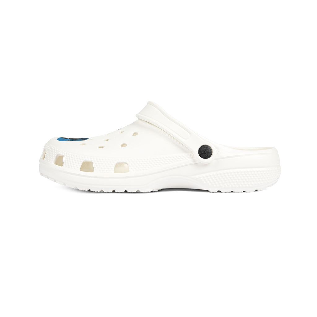 White EVA Foam Clogs with Blue Rose & 'D3ADLUX' Graphic
