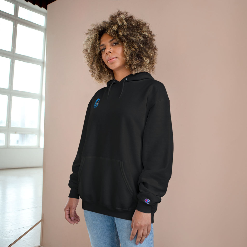 Hoodie — Minimal White Champion Hoodie with Tiny Blue Face Logo & Back QR Code “Scan Me”
