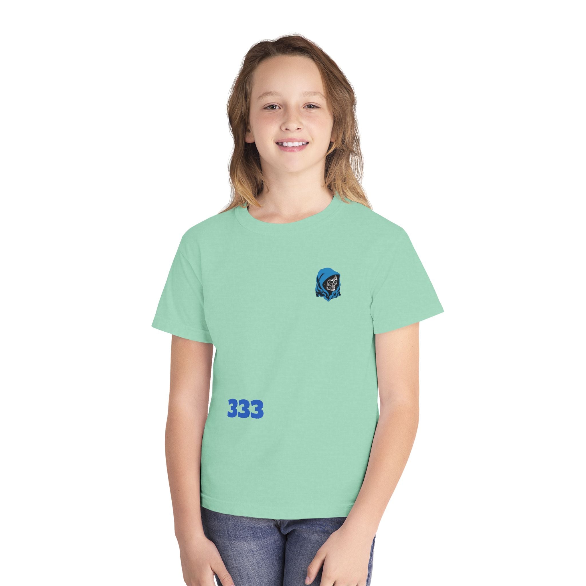 Youth Tee — Blue Skull Crest with “333” Graphic