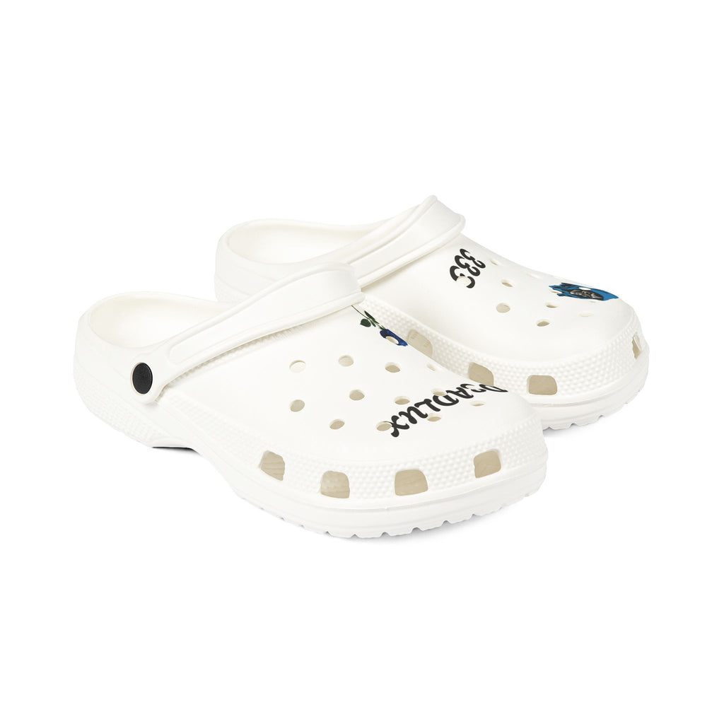 White EVA Foam Clogs with Blue Rose & 'D3ADLUX' Graphic