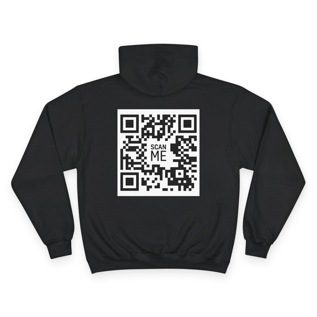 Hoodie — Minimal White Champion Hoodie with Tiny Blue Face Logo & Back QR Code “Scan Me”