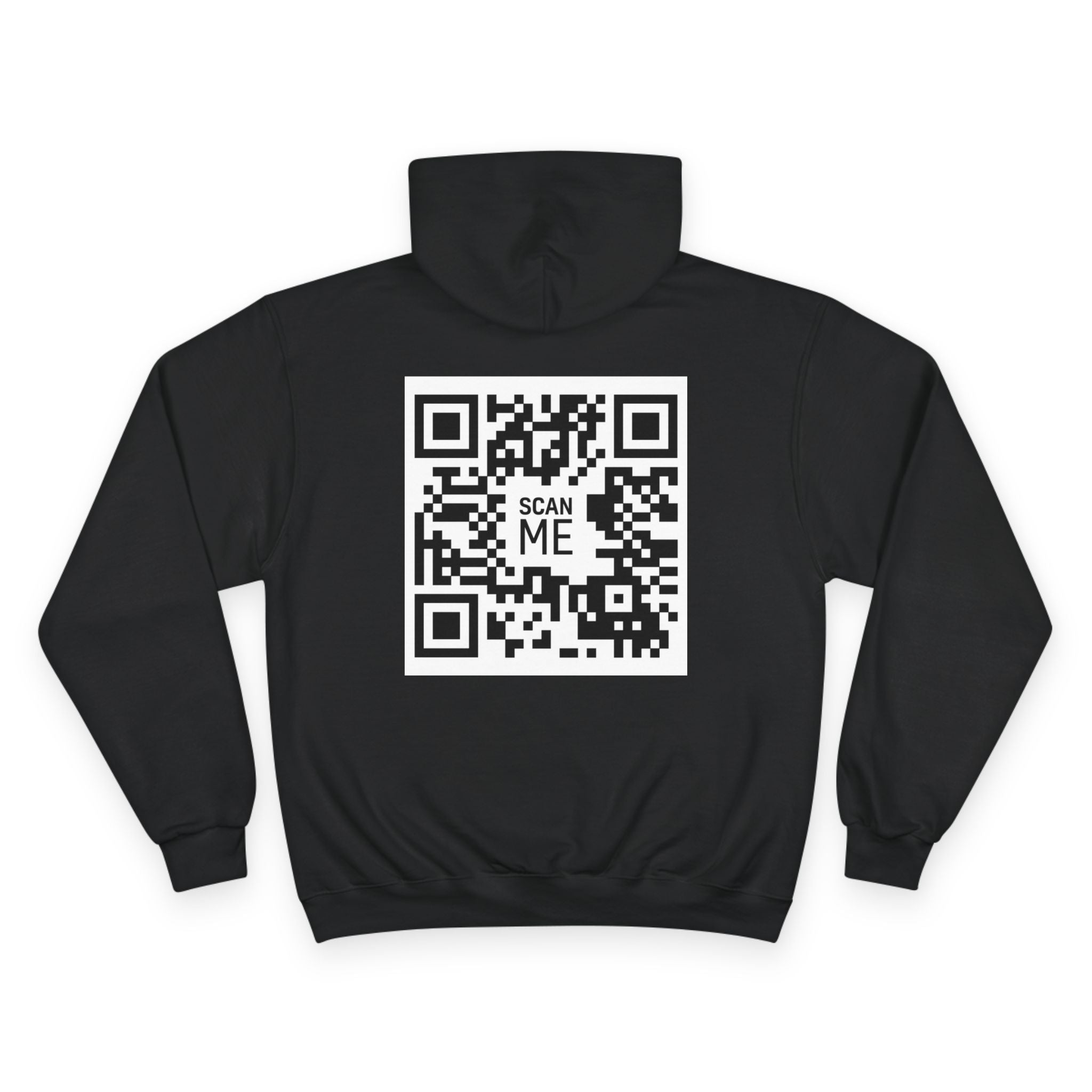 Hoodie — Minimal White Champion Hoodie with Tiny Blue Face Logo & Back QR Code “Scan Me”