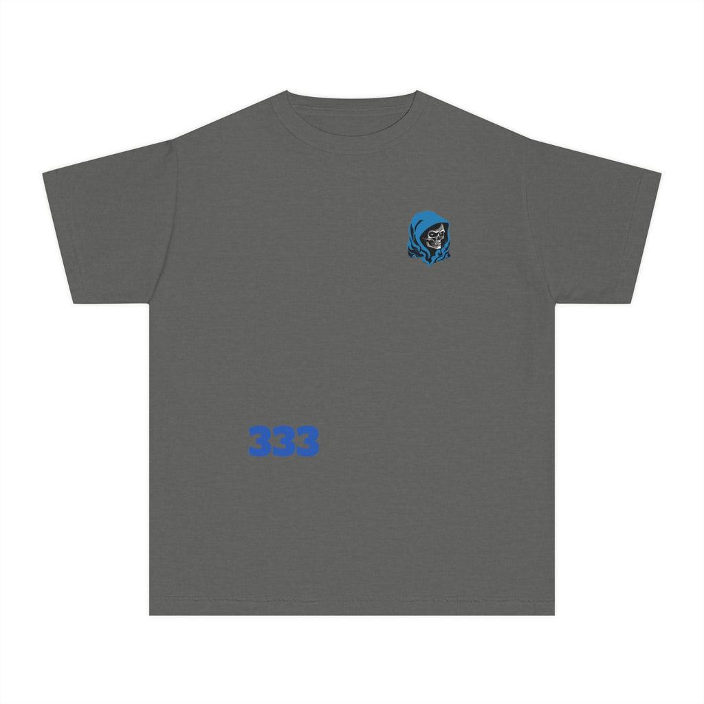 Youth Tee — Blue Skull Crest with “333” Graphic