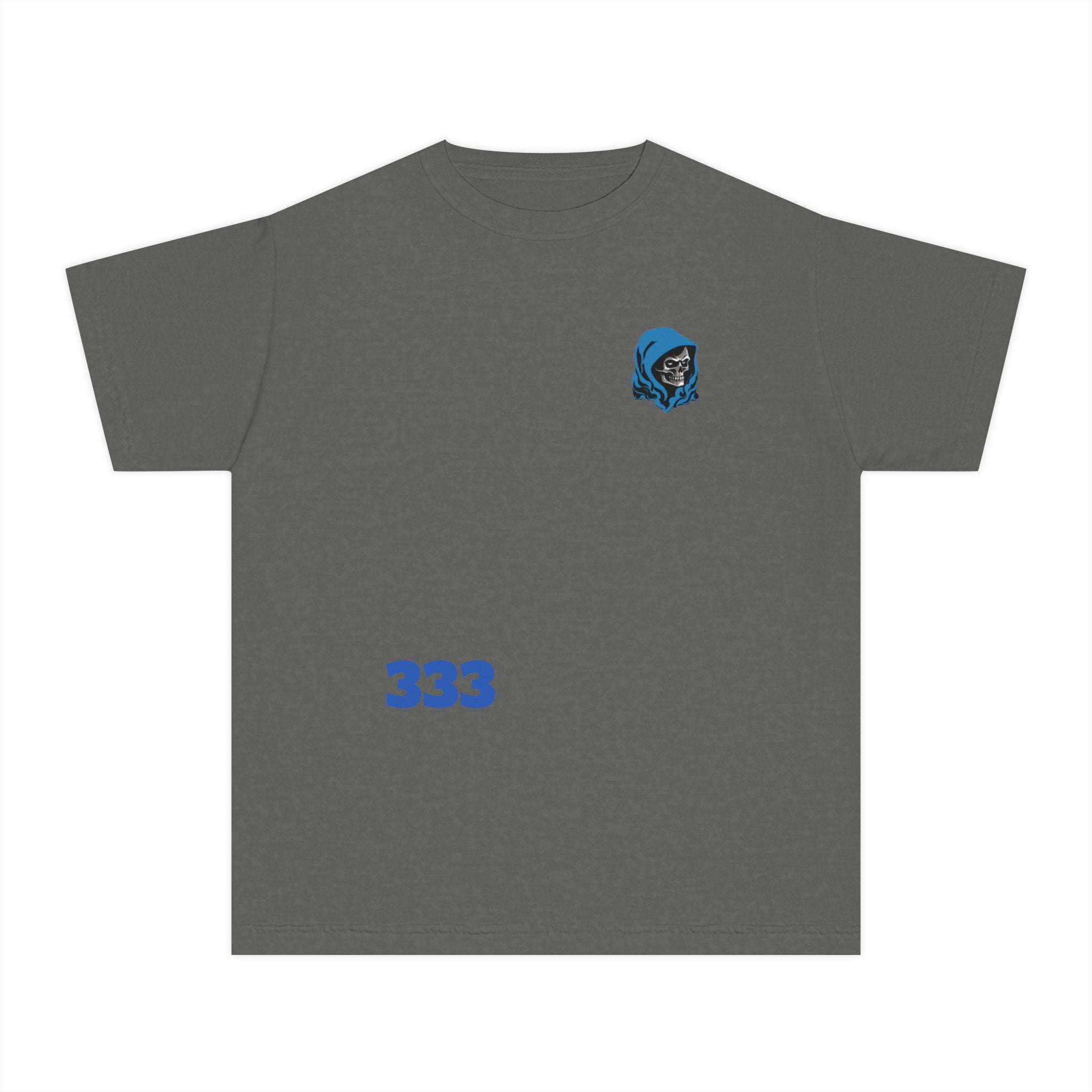 Youth Tee — Blue Skull Crest with “333” Graphic
