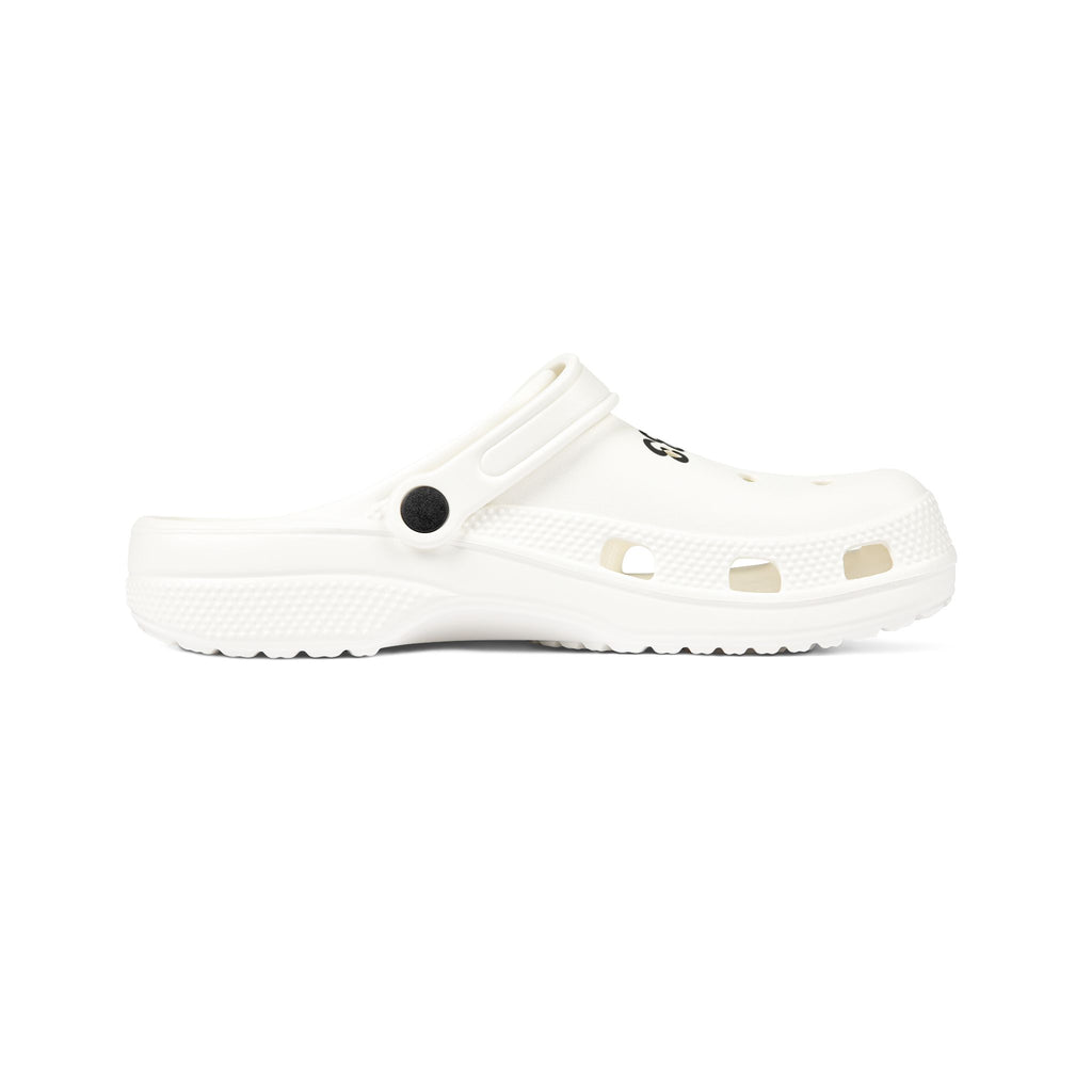 White EVA Foam Clogs with Blue Rose & 'D3ADLUX' Graphic
