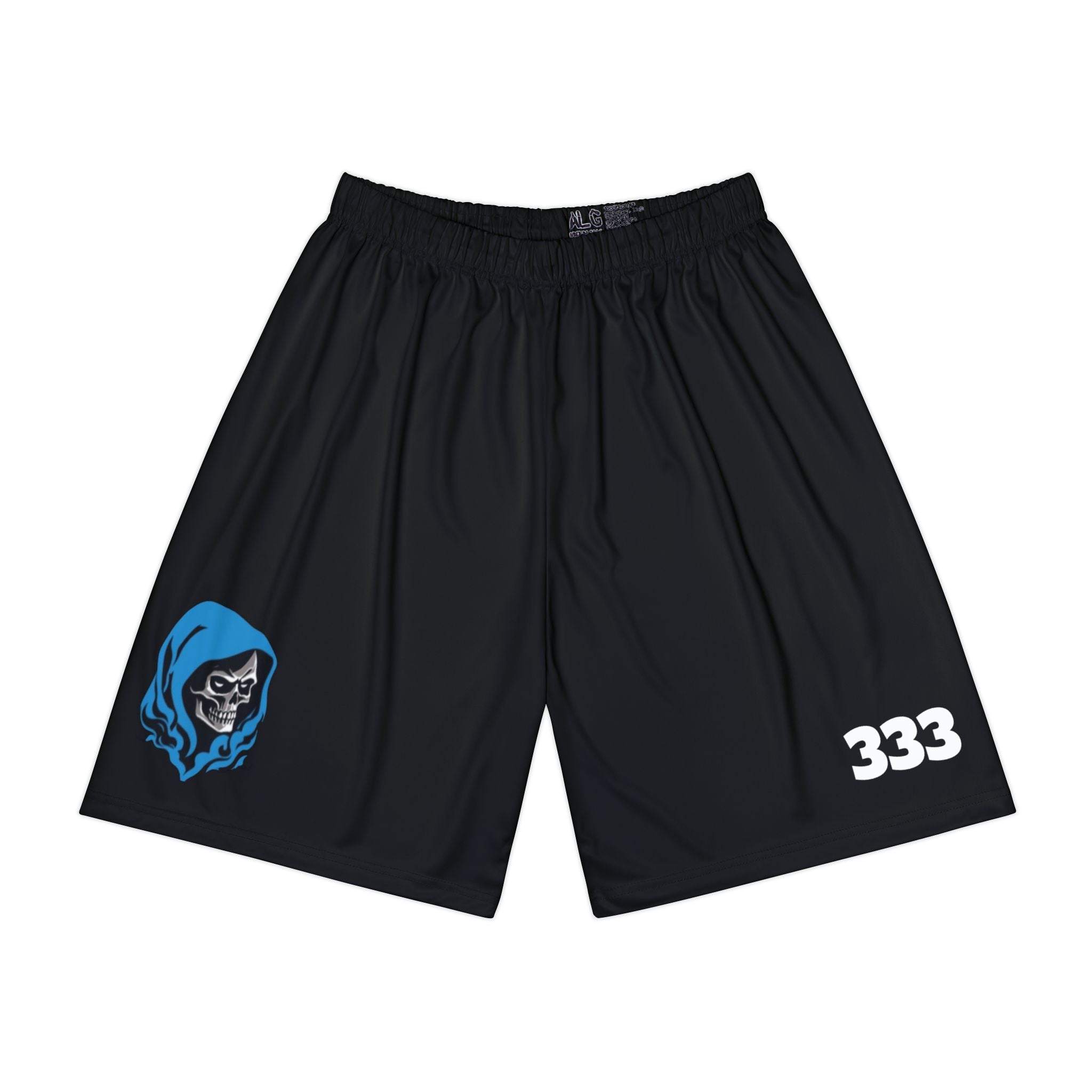 Men’s Sports Shorts — Black Athletic Shorts with Blue Hooded Skull & ‘333’ Graphic