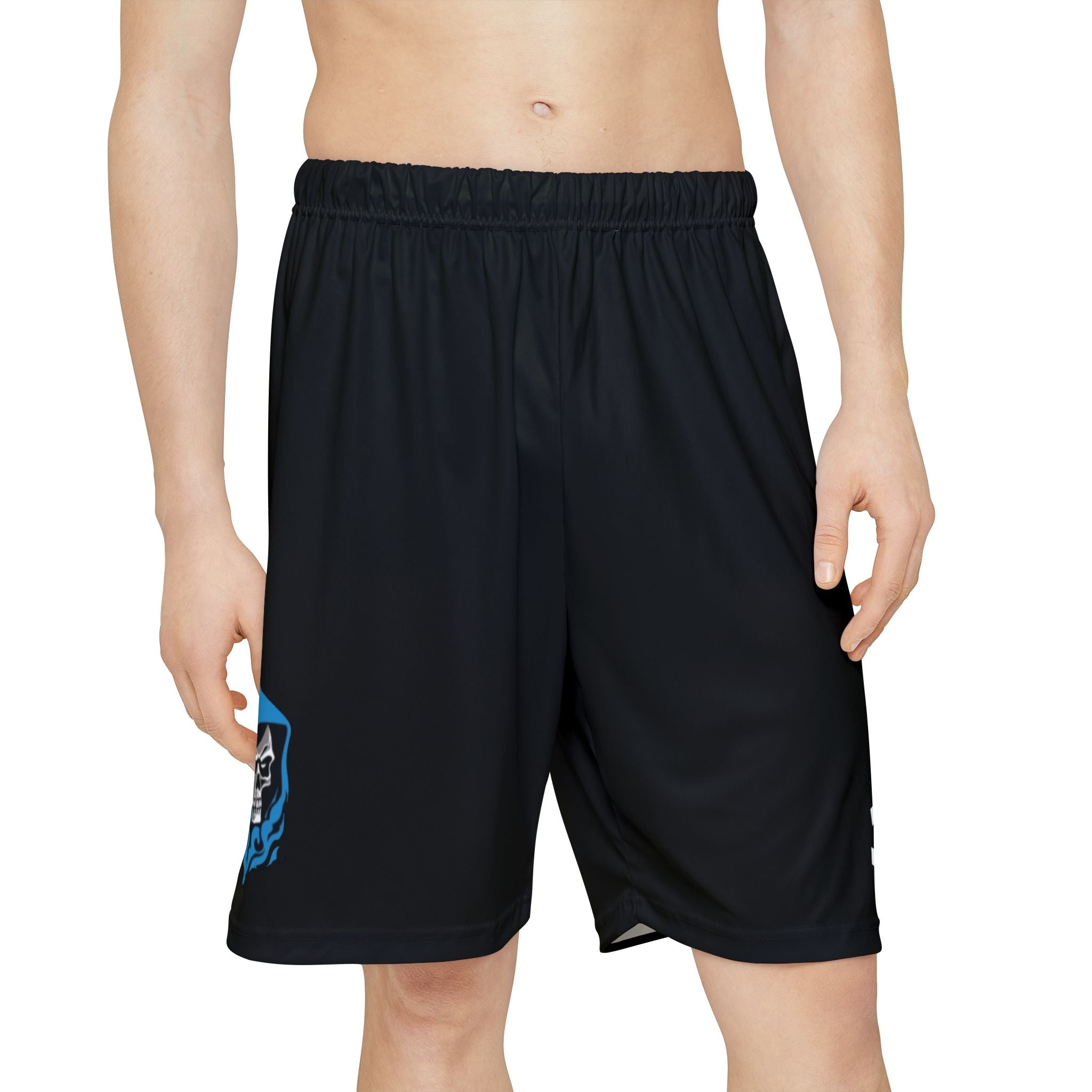 Men’s Sports Shorts — Black Athletic Shorts with Blue Hooded Skull & ‘333’ Graphic