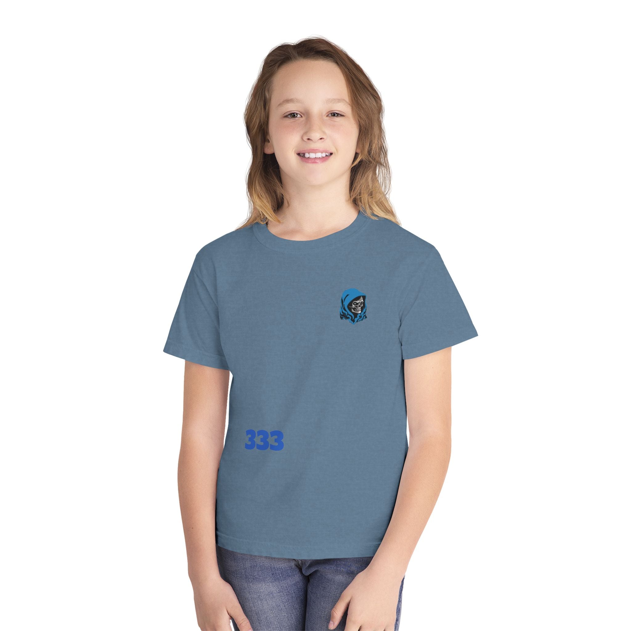 Youth Tee — Blue Skull Crest with “333” Graphic