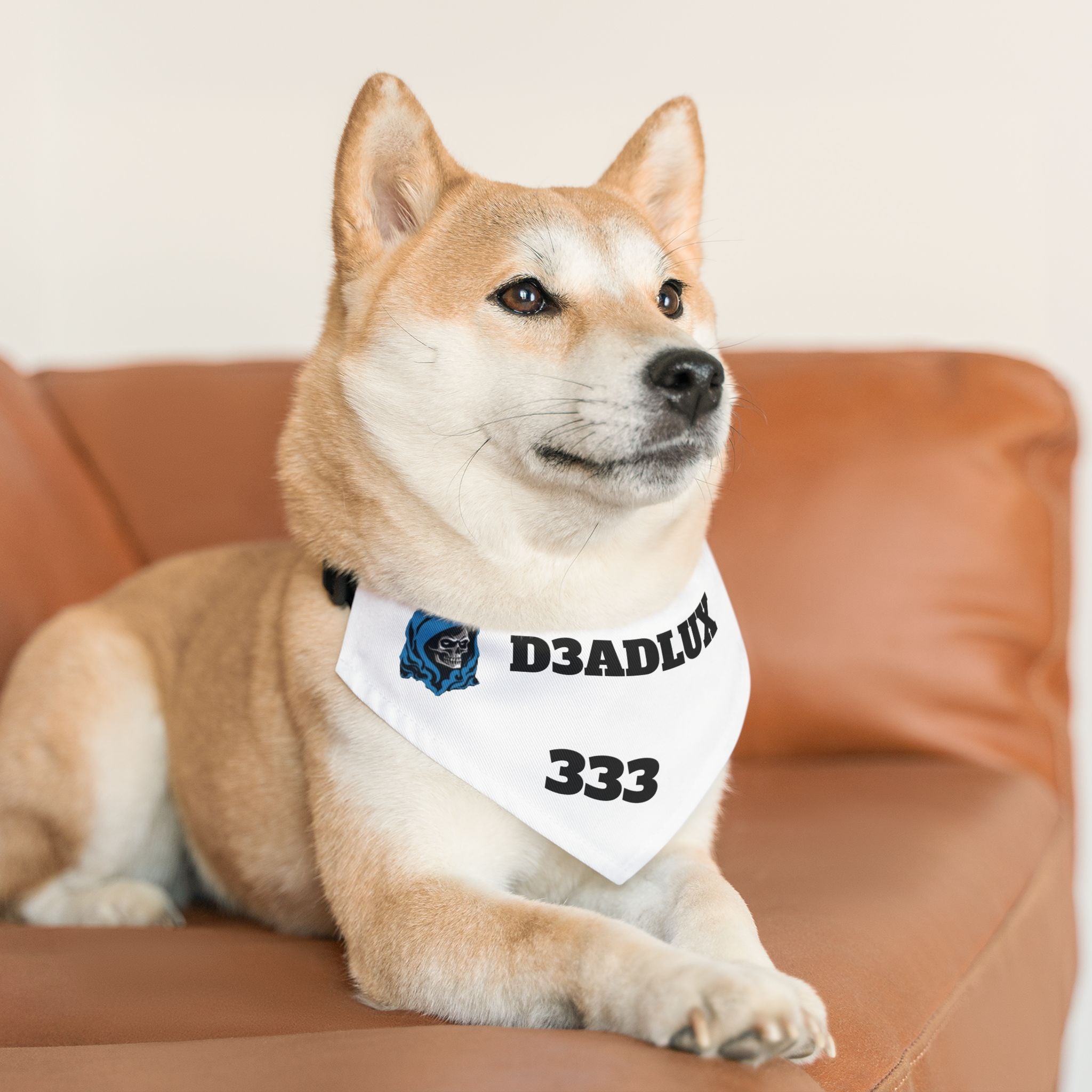 Pet Bandana Collar — White 'D3ADLUX 333' Skull Logo Dog Bandana Collar