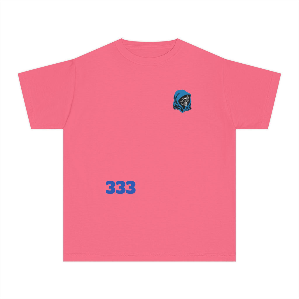 Youth Tee — Blue Skull Crest with “333” Graphic