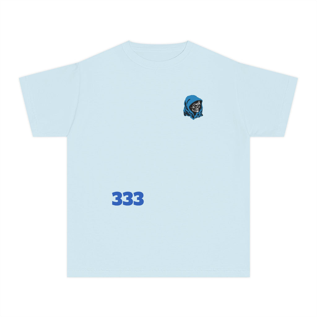 Youth Tee — Blue Skull Crest with “333” Graphic