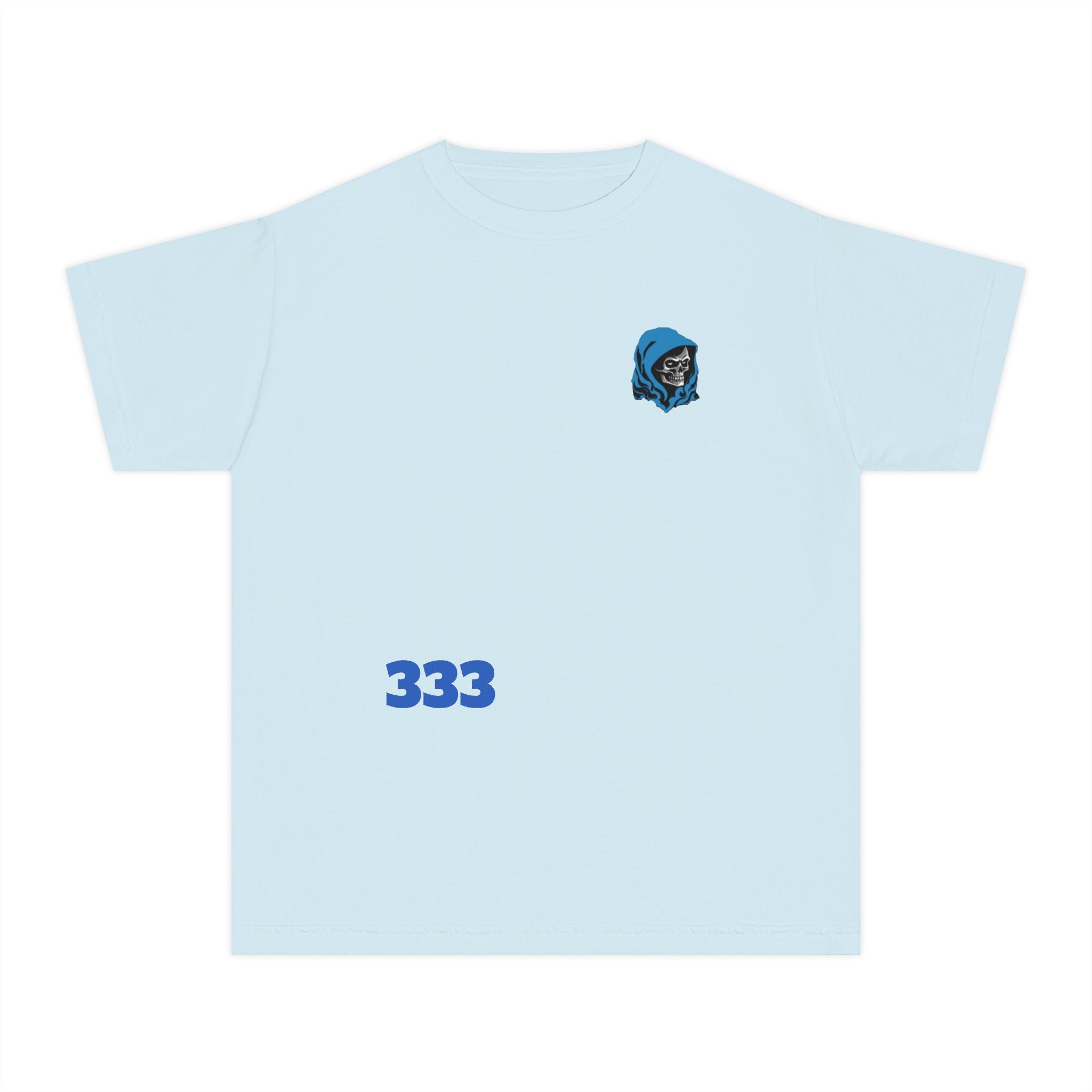 Youth Tee — Blue Skull Crest with “333” Graphic