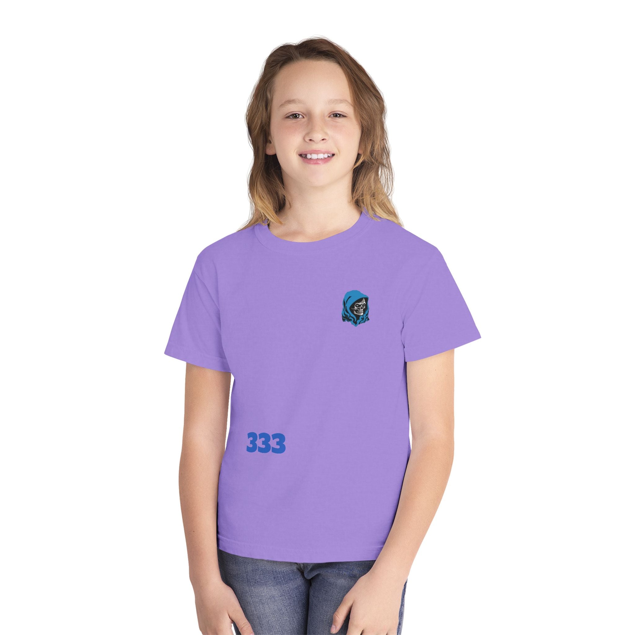 Youth Tee — Blue Skull Crest with “333” Graphic